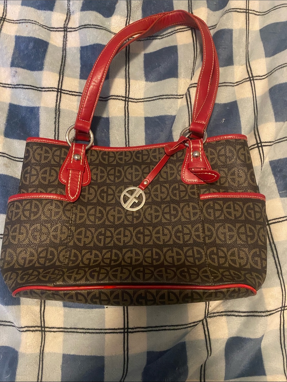 Giani Bernini Brown Monogram Tote with Red Trim